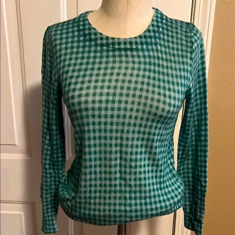 J.Crew Gingham Tippi Green Merino Wool Crew-Neck Lightweight Sweater size S
